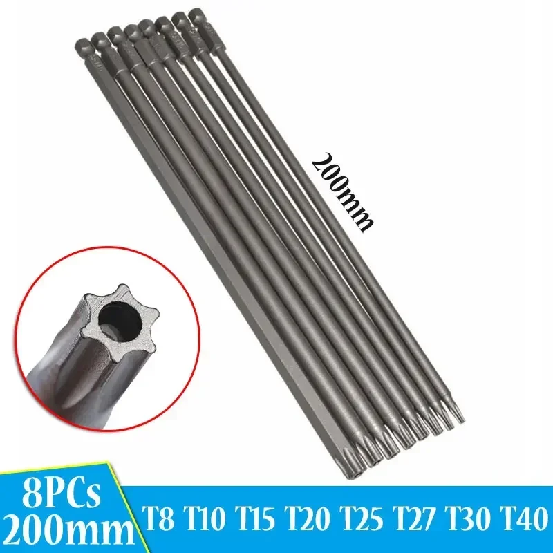 8PCs Torx Screwdriver Bit T20 200mm Magnetic Tamper Resistant T8-T40 Screwdriver Star Wrench Drill Bit Set 1/4'' Shank Hex