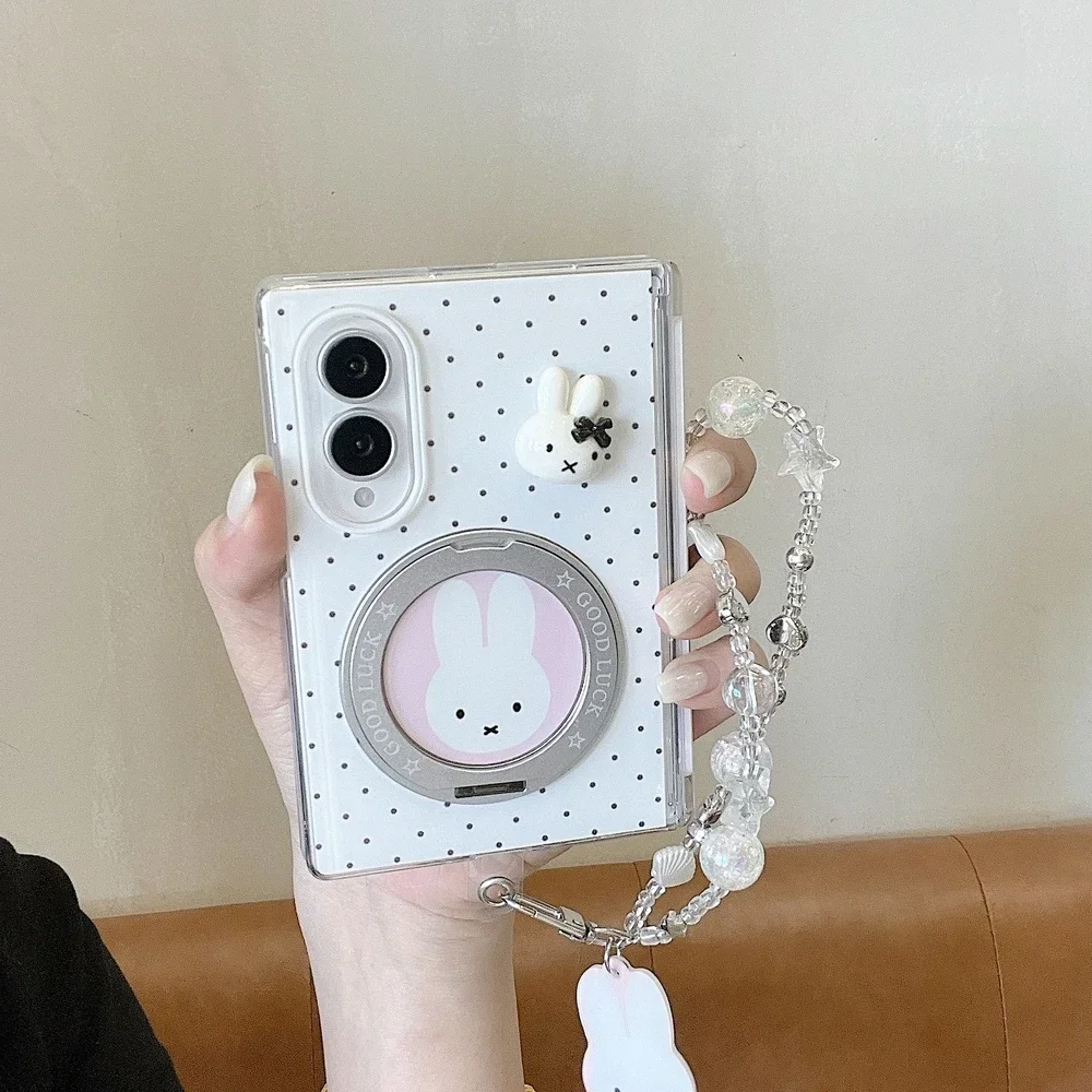 Kawaii Cute Cartoon Miffy Rabbit 360°Rotation Stand Holder Phone Case For Samsung Galaxy Z Fold 8 Hard Cover With Lanyard