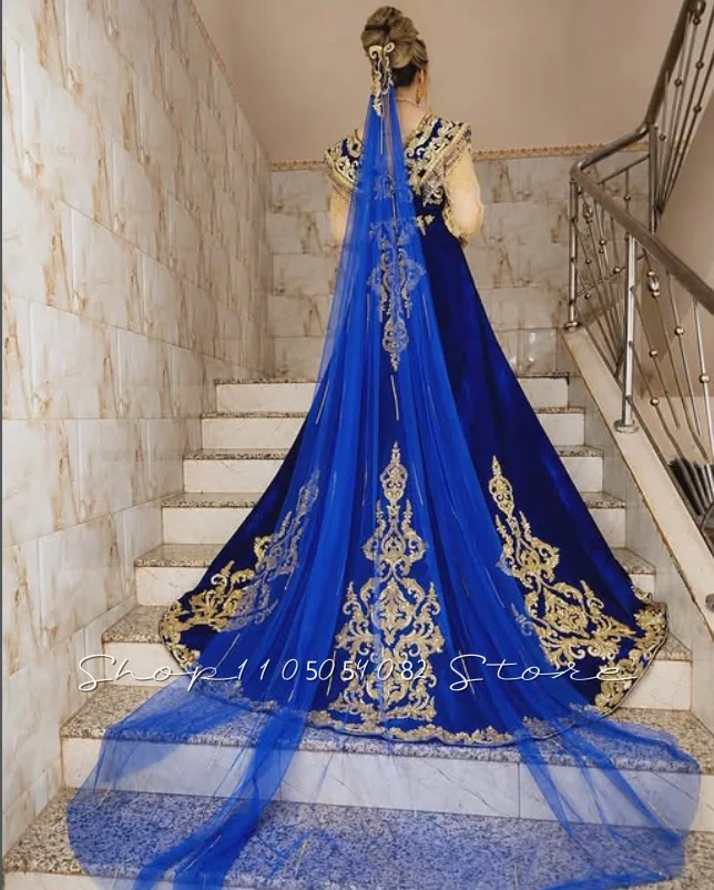Luxurious Blue Wedding Dresses bride Traditional Albanian V-neck Kosovo Velvet Gold Beaded Lace A-line Bridal Gown Customized