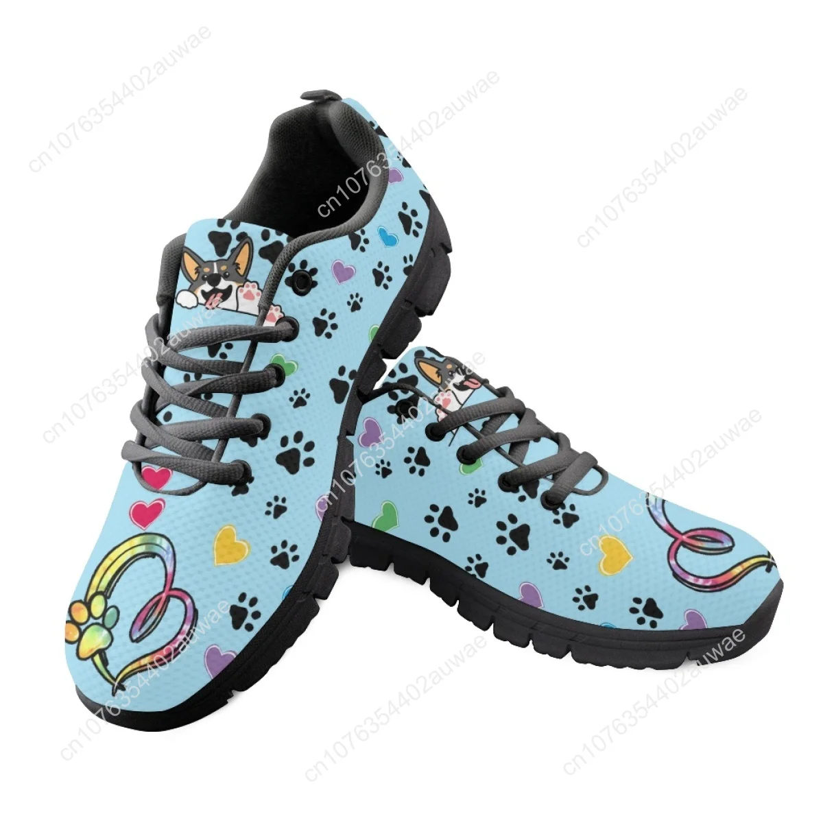 Galês Corgi Cartoon Padrão Sapatos baixos para amantes de cães, leve Lace Up Sneakers, calçado de caminhada respirável, Kawaii