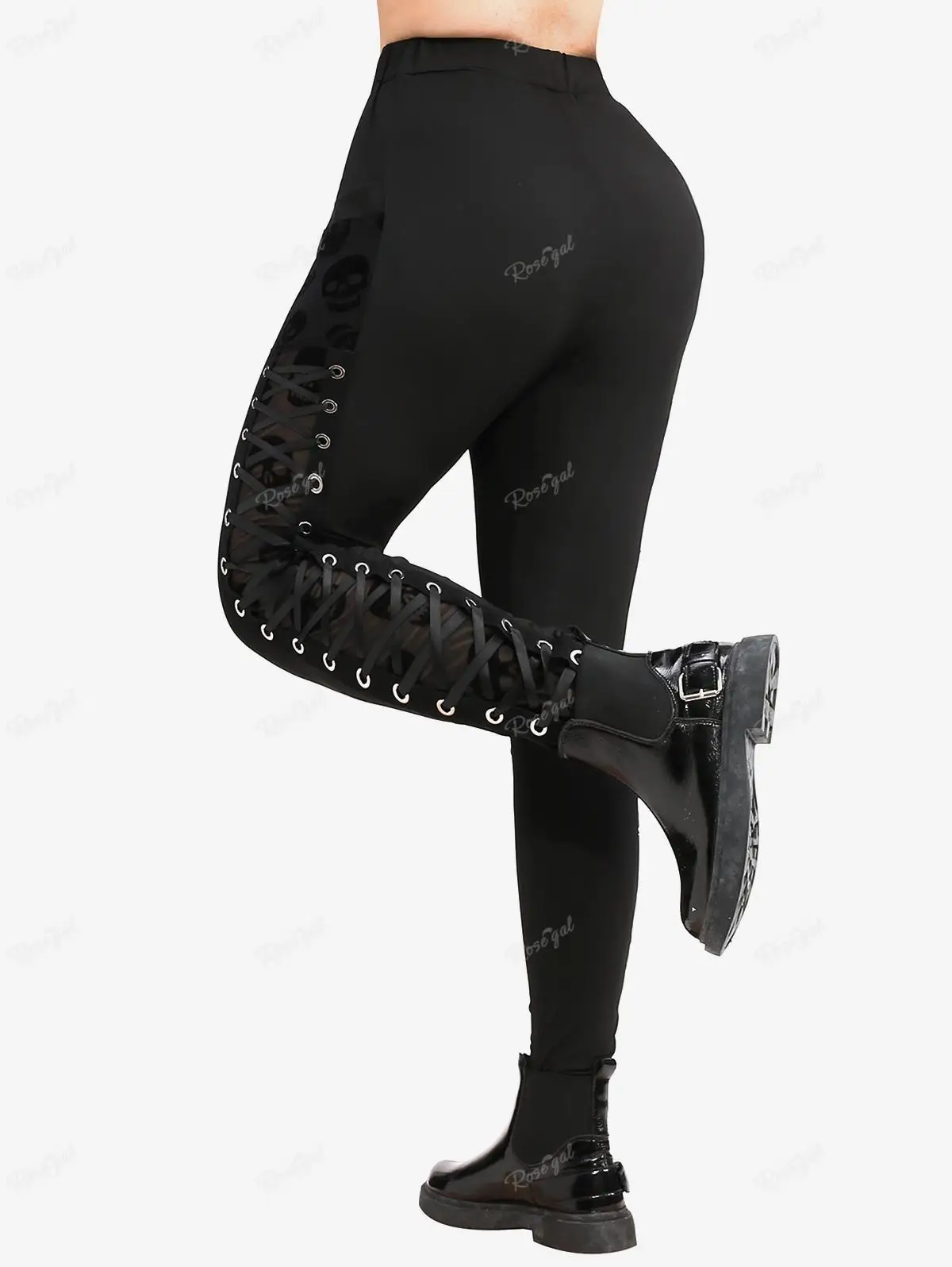 Rosegal Plus Size Schädel Ösen schnüren Leggings Frauen die ganze Saison Streetwear lässige Bleistift hose schwarze dünne Hose Mujer