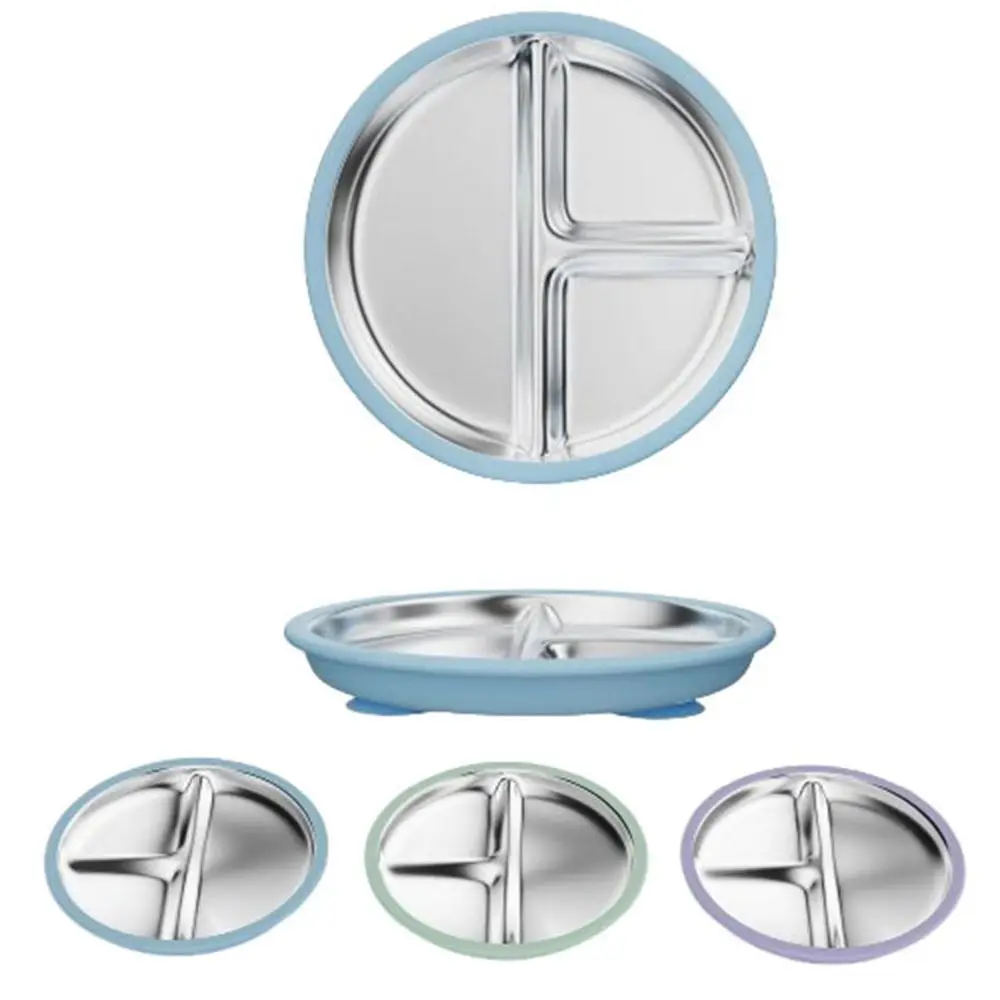 

Divided Design Baby Sucker Dining Plate Silicone Suction Cup 304 Stainless Steel Children 3 Grids Dishes Non-Slip Anti-fall