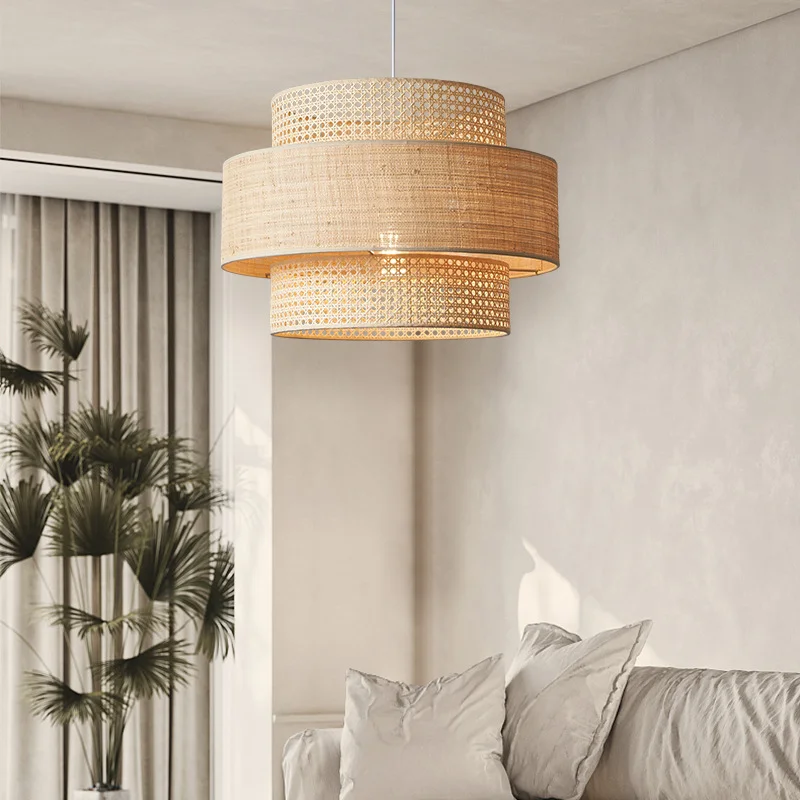 Nordic Wabi Sabi Chandelier Retro Woven Rattan Pendant lamp for Bedroom Living Room Kitchen study Hand-woven LED Pendant light