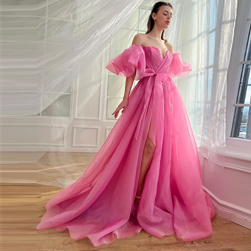 Gaun Prom baru Magic Awn 2024 sisi terpisah dari bahu gaun pesta malam Fuchsia jubah belakang Lace-Up de Soiree