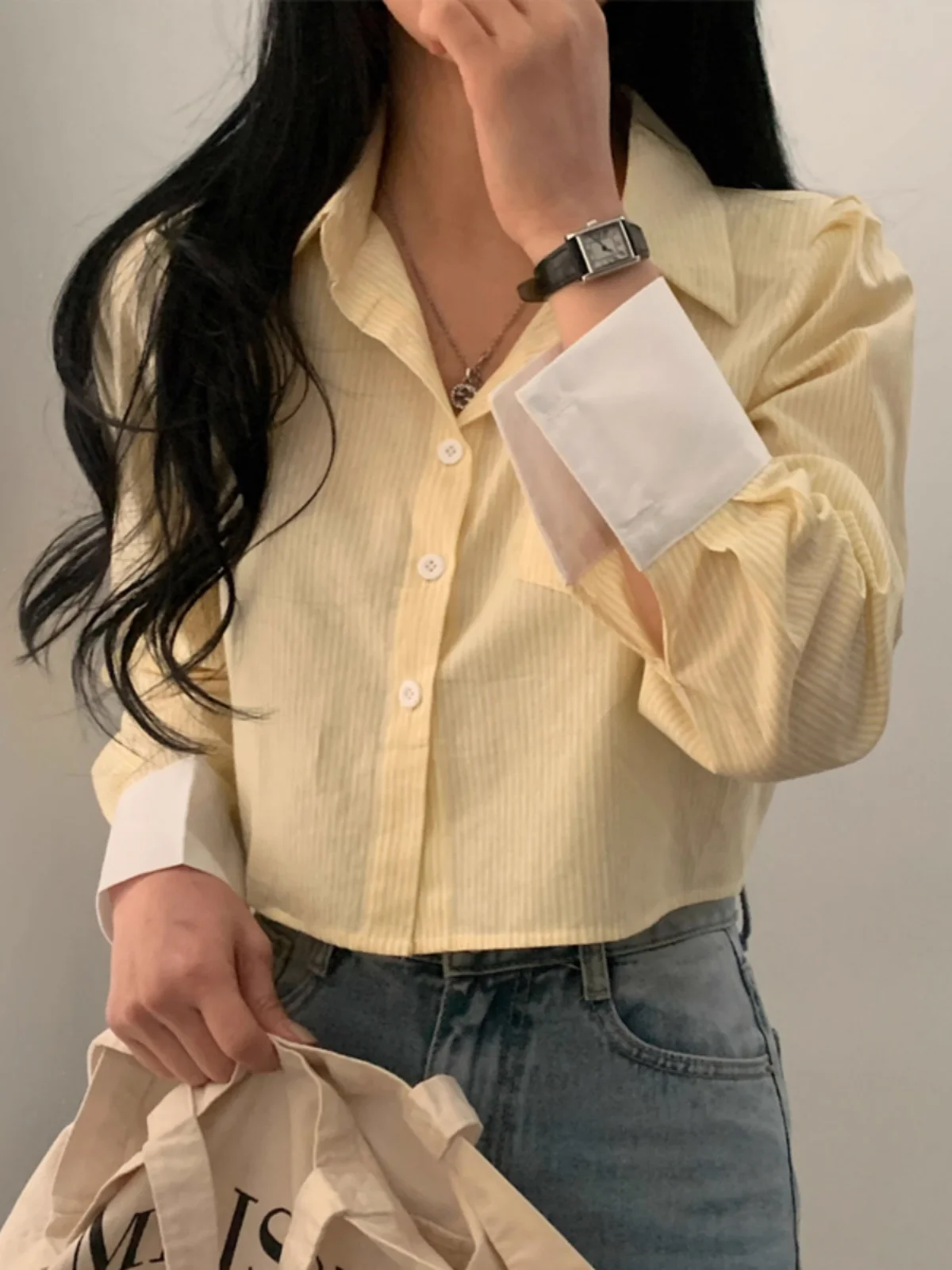 

Ele ort Sve Women's irt Striped Long Sve Collar Patchwork Faionable Top for Spring 2024 Commute Sle