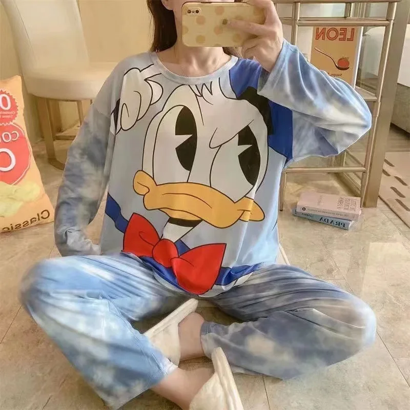 

Новинка весна-осень, брюки с длинным рукавом Disney, Дональд Дак, женская пижама с Микки и Минни, милая молочная шелковая одежда для девушек, комплект для отдыха