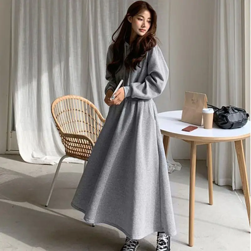 

Women Dresses Long Sleeve Hooded Pullover Solid Sweatshirts Dress Loose Hoodies Draw String Pendulum 2024 Slight Strech