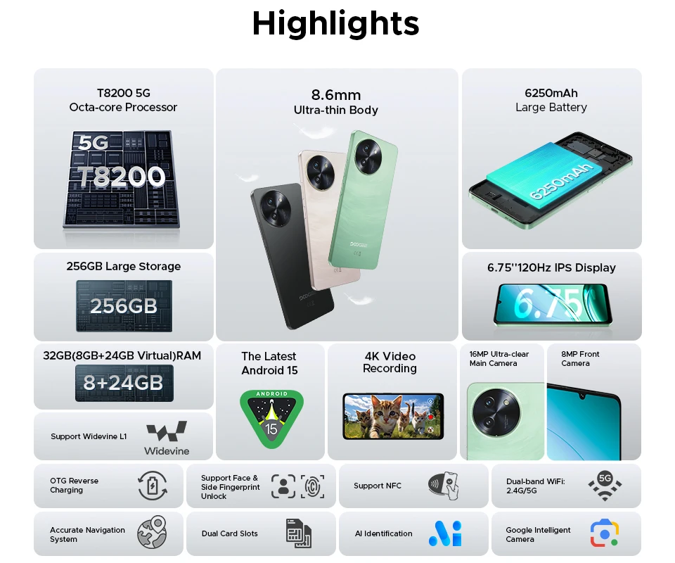 World Premiere DOOGEE Note59 PRO 5G Smartphone 6.75-inch Android 15 32GB 256GB 120Hz 6250mAh Battery 16MP camera NFC Cellphone