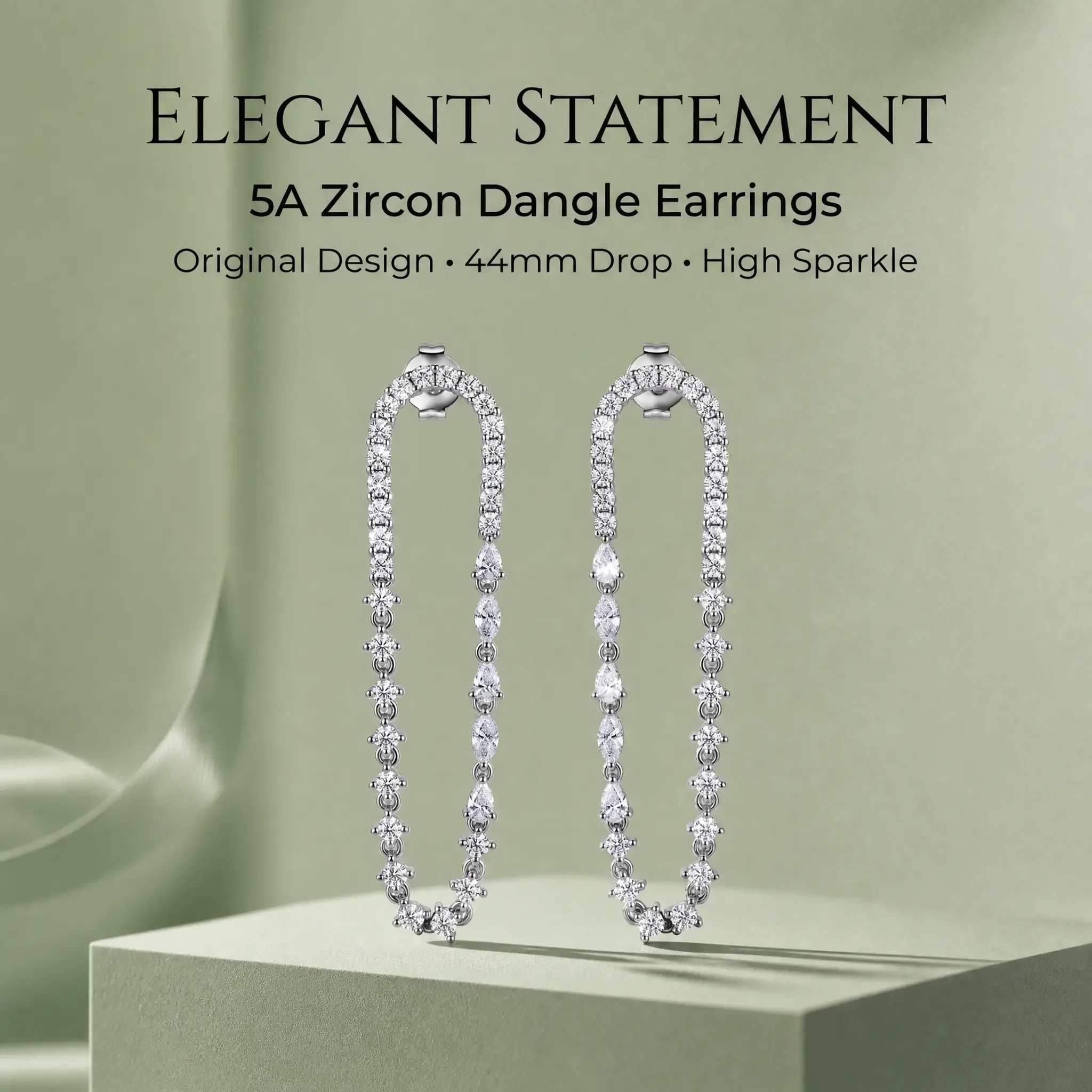 Moonmory Einzigartiges Design Lange 5A Birnen-, Marquise- und Runde Kubische Zirkonia Hängeohrringe für Damen Luxusmarken Messing 44mm Ohrringe – Detail 3
