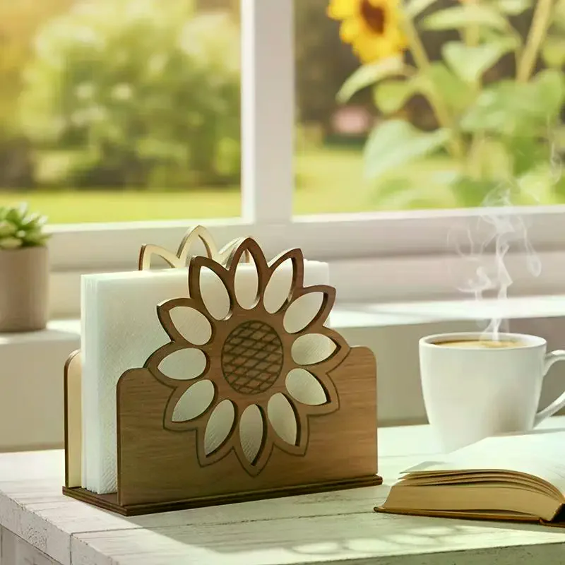 Wooden Sunflower Napkin Holder Cocktail-Style Farmhouse Napkin Dispenser For The Dining Room, Kitchen Table, Countertop Decor