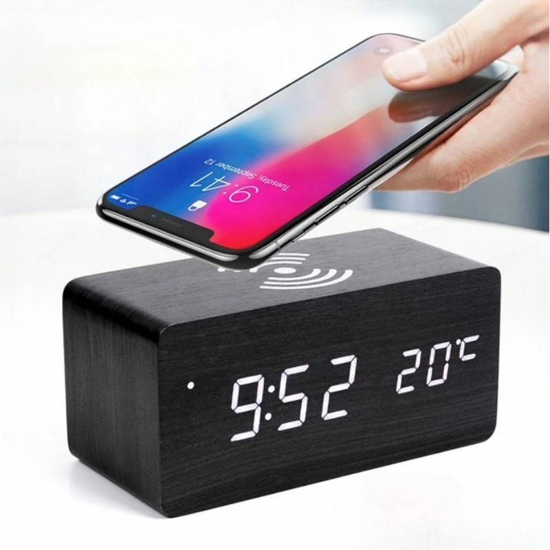 1PC Modern Wooden Wood Digital LED Desk Alarm Clock Thermometer Wireless Charger With Qi Wireless Charging Pad Alarm Clock LED