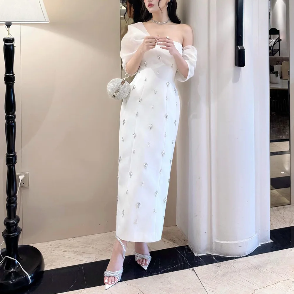 Luxury Formal Party Dress White Crystal Ankle Length Women\'s Cocktail Gowns Maxi Column/Sheath Elegant Homecoming Dresses 2024