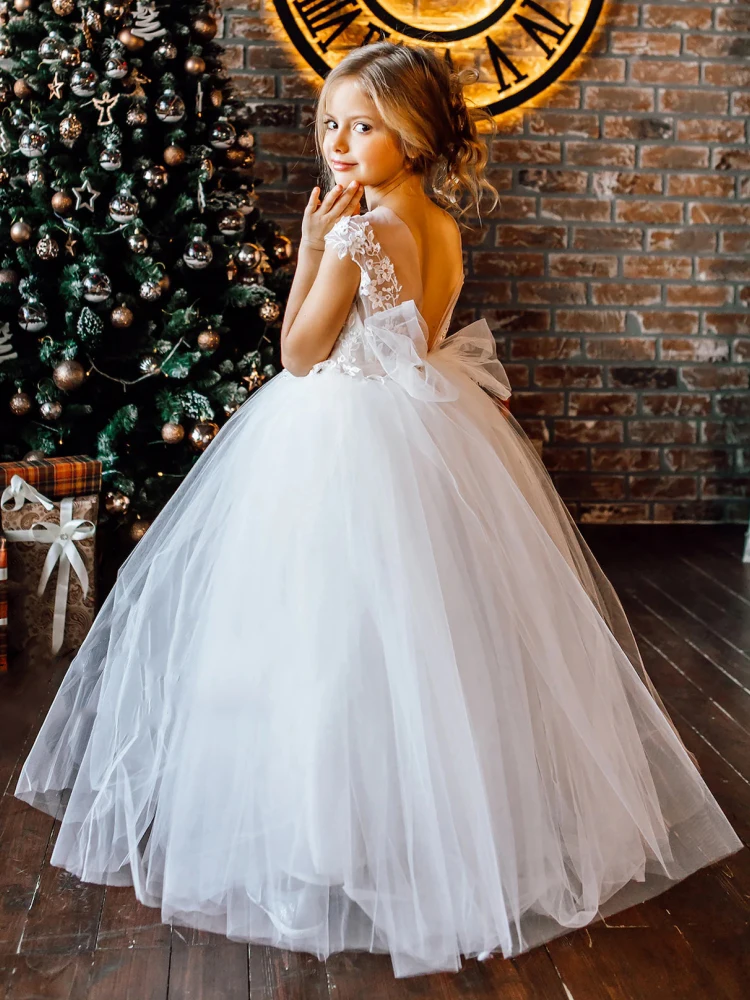 Robes de demoiselle d'honneur blanches, appliques gonflées en tulle avec nœud en fibre pour mariage, fête d'anniversaire, première communion, quoi que ce soit