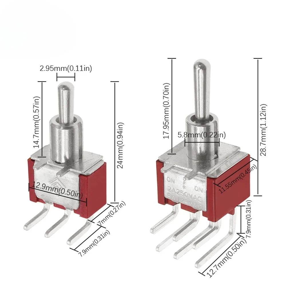 10PCS MTS-102/203 C4/C3 3/6Pin  Toggle Switch Bent Switch 2A 3A 10A 125/250V AC SPDT PCB Mount Side Bend Rocker Switch 6MM