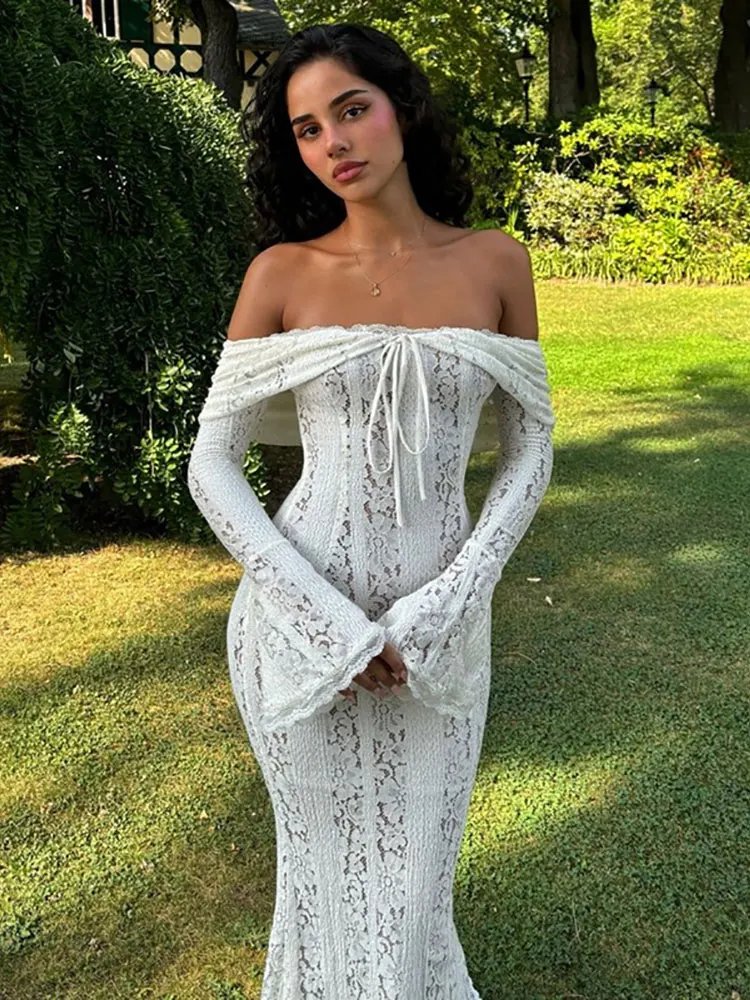 GACVGA Lace Off-Shoulder Strapless Maxi Dress For Women 2024 Autumn Flare Sleeve Elegant Slim Lady Club Party Long Dress