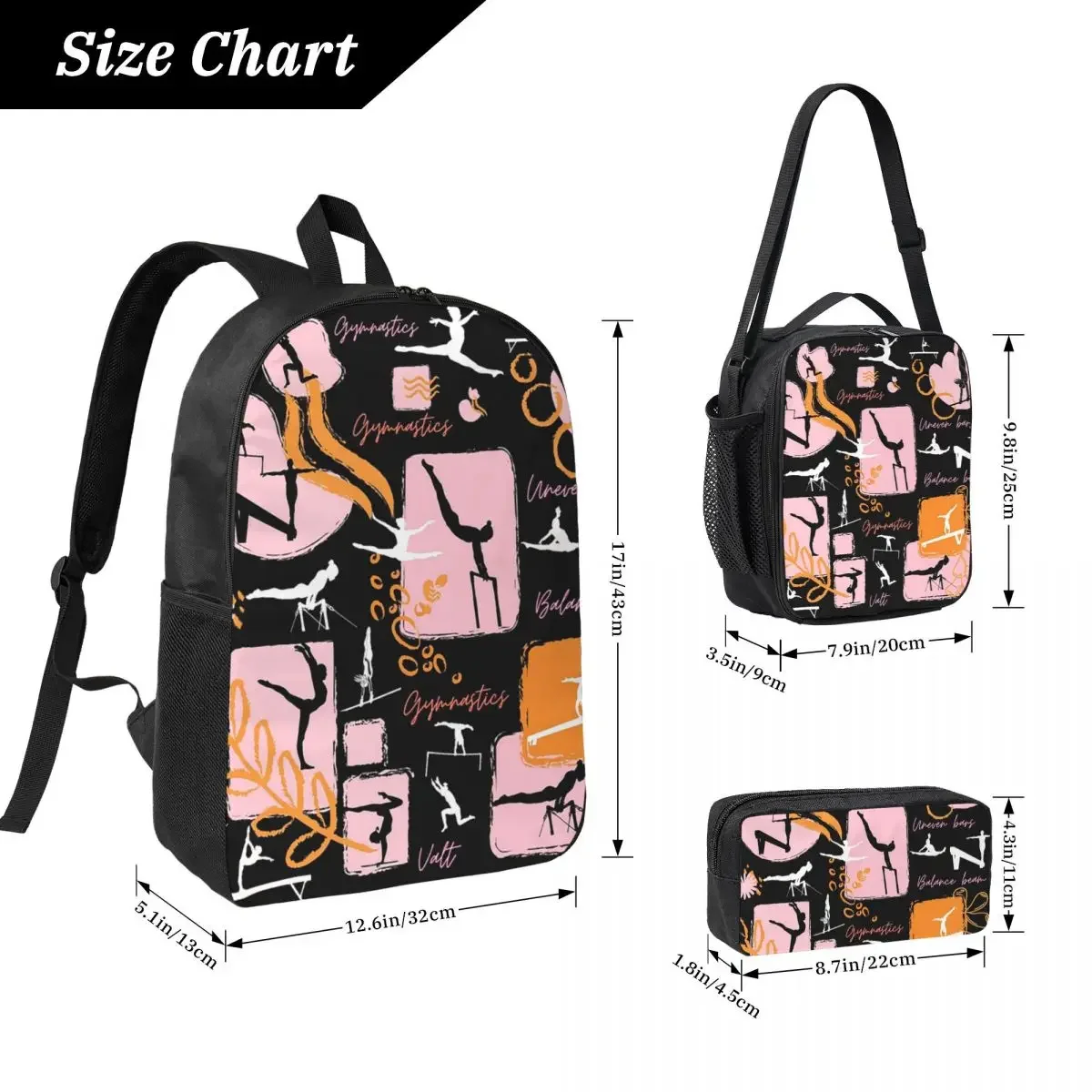 Artistic Gymnastics Print Backpack Student BookBag School Bag Computer Shoulder Bags 3ps Insulated Lunch Bag Pencil Case