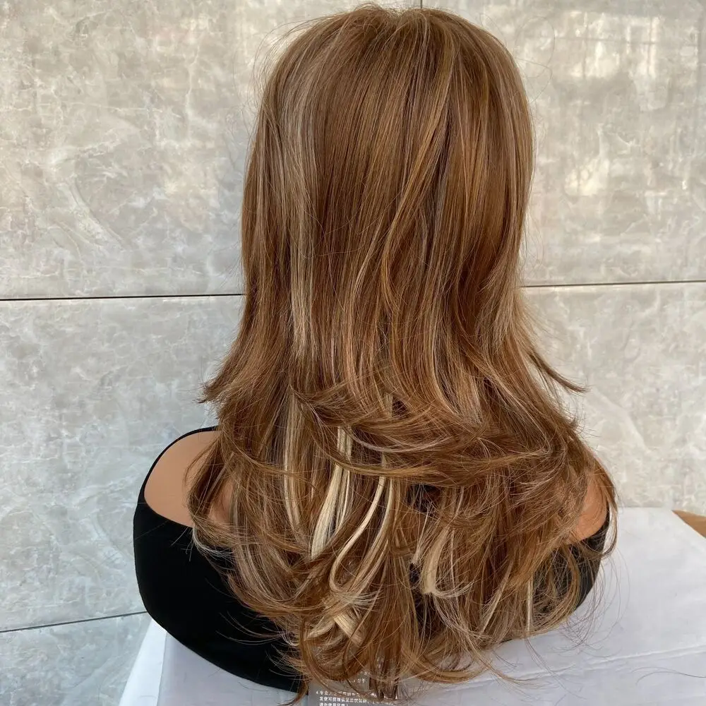 Lunga frangia laterale a strati miscela di capelli umani 20 pollici parrucche moda donna