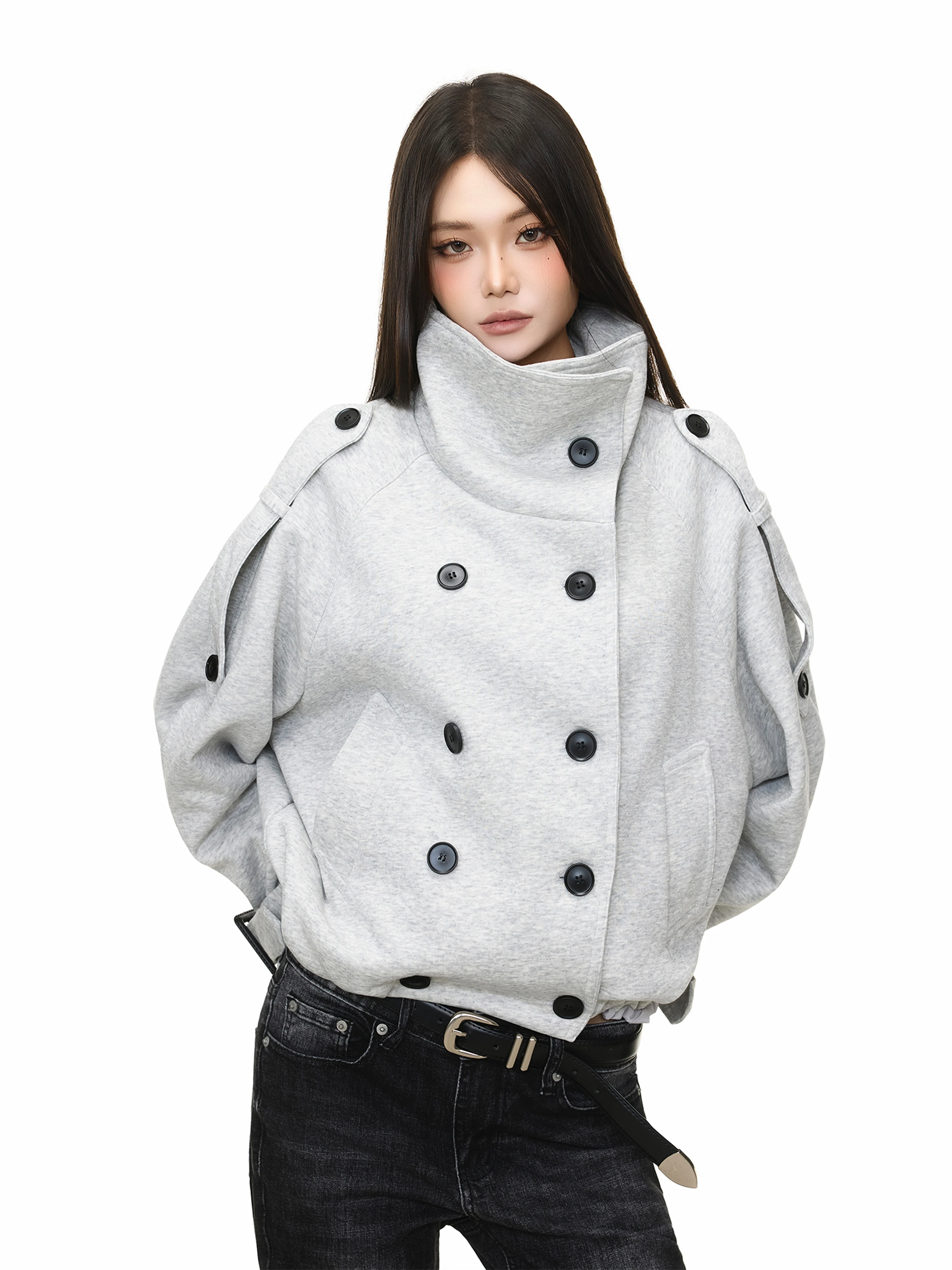 American Retro Double Button Design Sensation Outerwear Casual Loose Commute Jacket Autumn Winter Fashionable Stand Collar