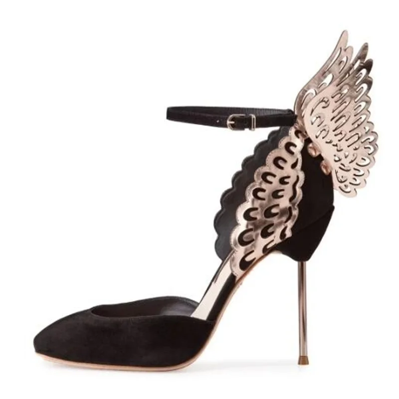 

Sexy Butterfly Wing Women Pumps Shoes Black Suede Ankle Strap Round Toe Gold Decor Celebrating Evening Dress Shoes