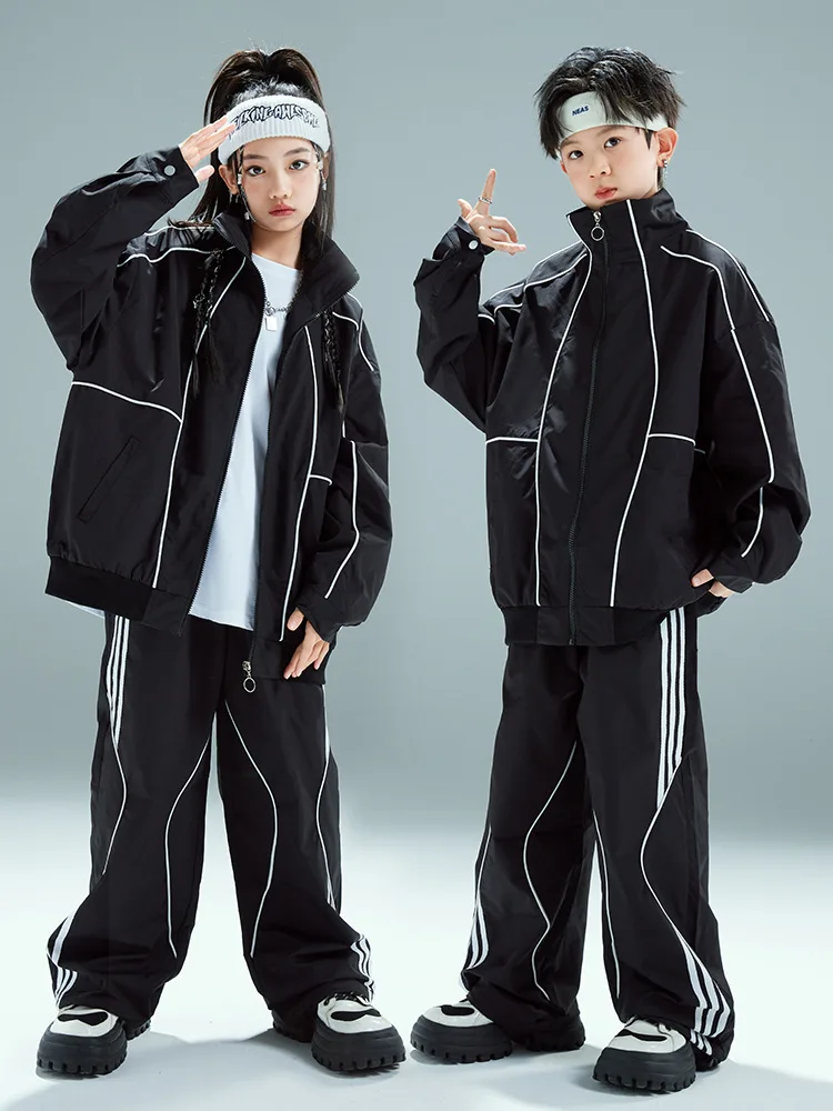 Boys Hip Hop Black Baseball Coat Street Dance Baggy Pants Girls Loose Jacket Kids Jazz Sport Clothes Sets Children Streetwear