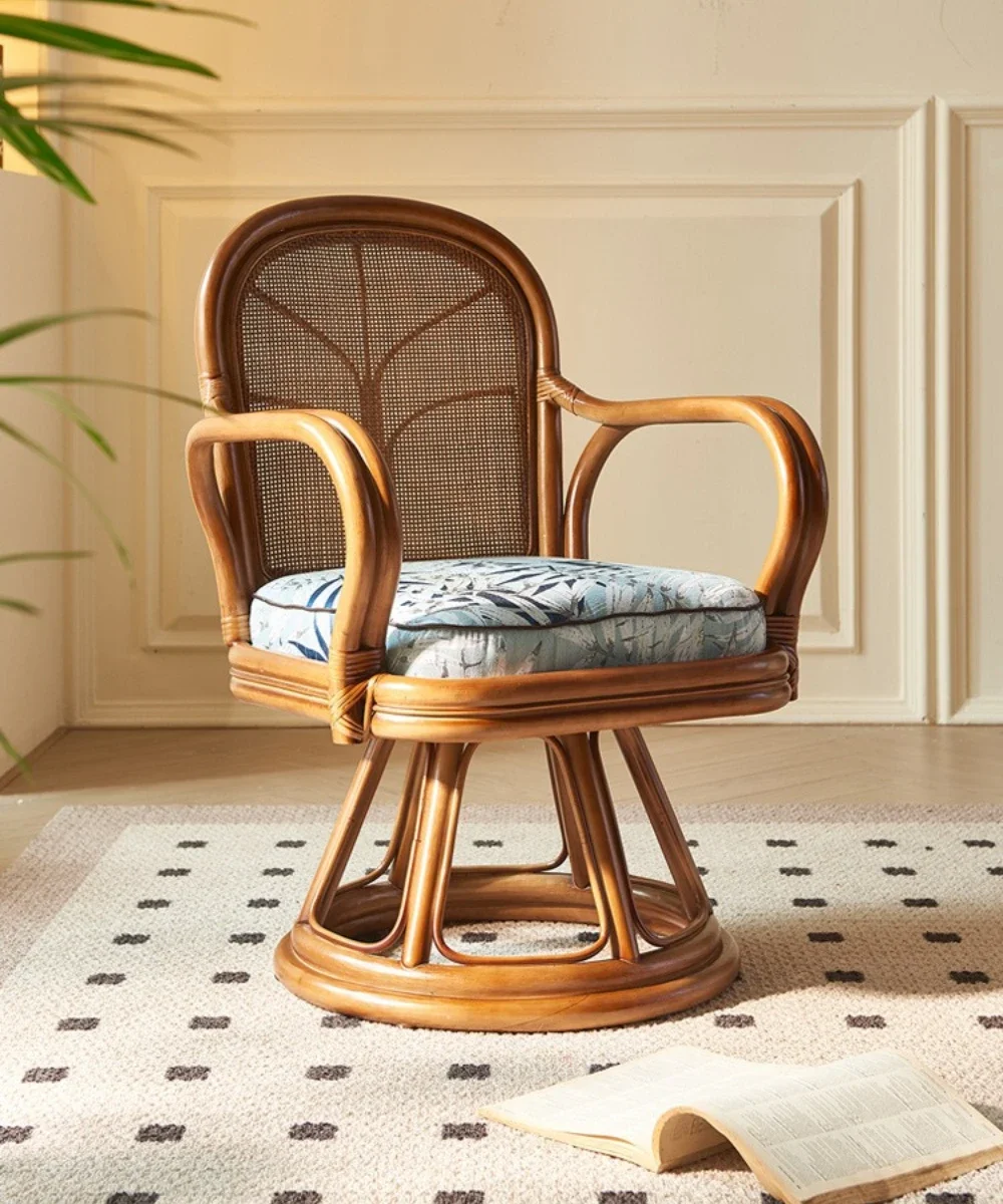 Retro style natural Indonesian rattan chair, rotatable rattan armrest back chair,  breakfast living room balcony