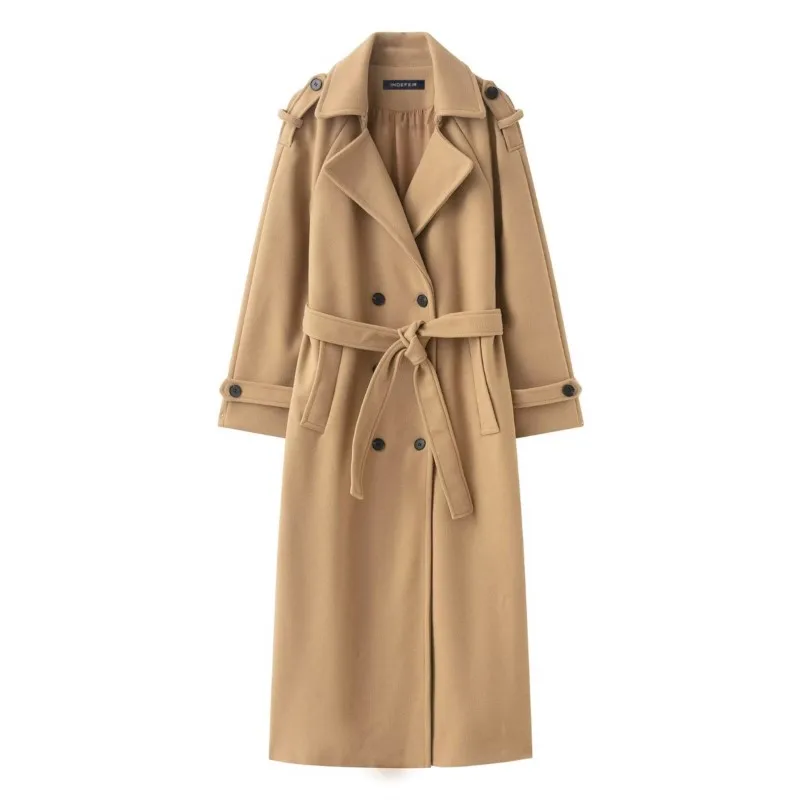 

Women Double Breated Coat with Belt Autumn Winter Long Sleeve Pockets British style Lady Outerwear Female Chic Overcoat