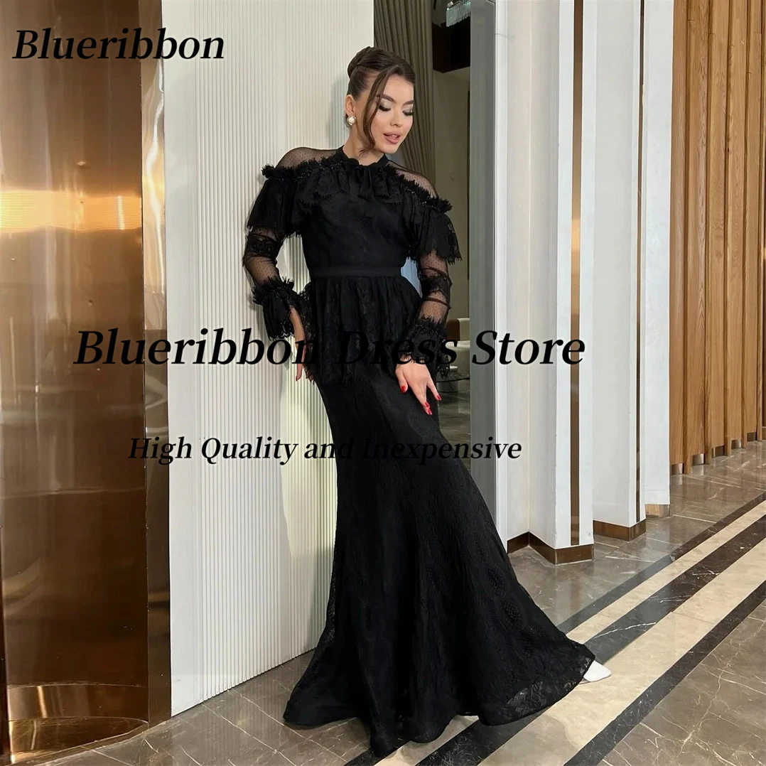 Blueribbon vestido de noite o-pescoço grânulo mangas compridas vestido de baile com zíper nas costas فساتuden لات ха14] Personalizado