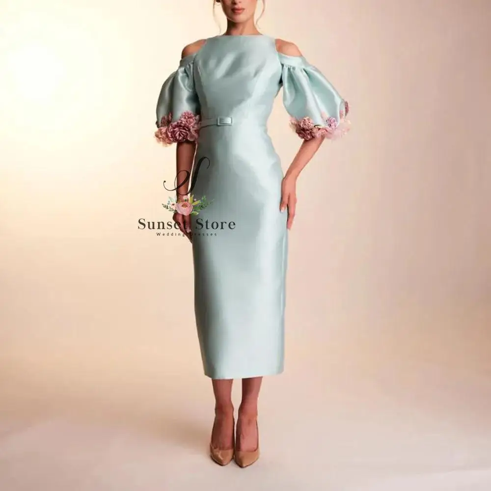 

Customized Elegant Sheath Wedding Guest Dresses with Flower O Neck Cut Out Back Formal Cocktail Dress with Detachable Sleeve