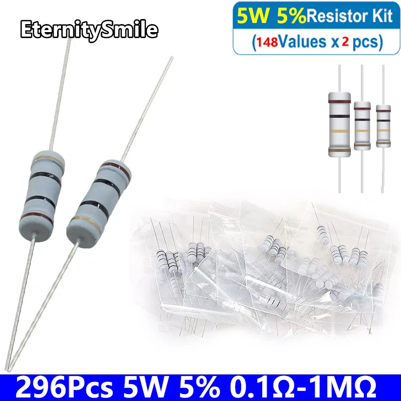 296Pcs/Pack 148 Values 5W 5% Carbon Film Resistors Kit 0.1Ω-1MΩ 1R 4.7R 10R 470R 1K 47K 68K 910KOhm Resis Tance Assortment Set