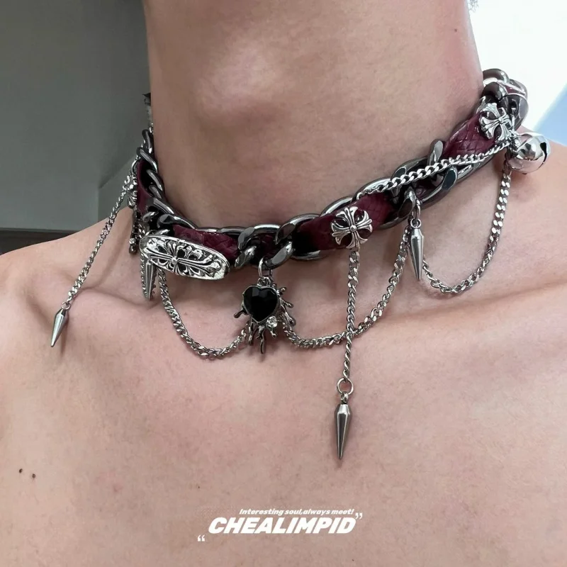 Move slow Halloween gift chocker wrapped riveted metal leather collar Crowe Punk Love Girl y2k subculture niche necklace