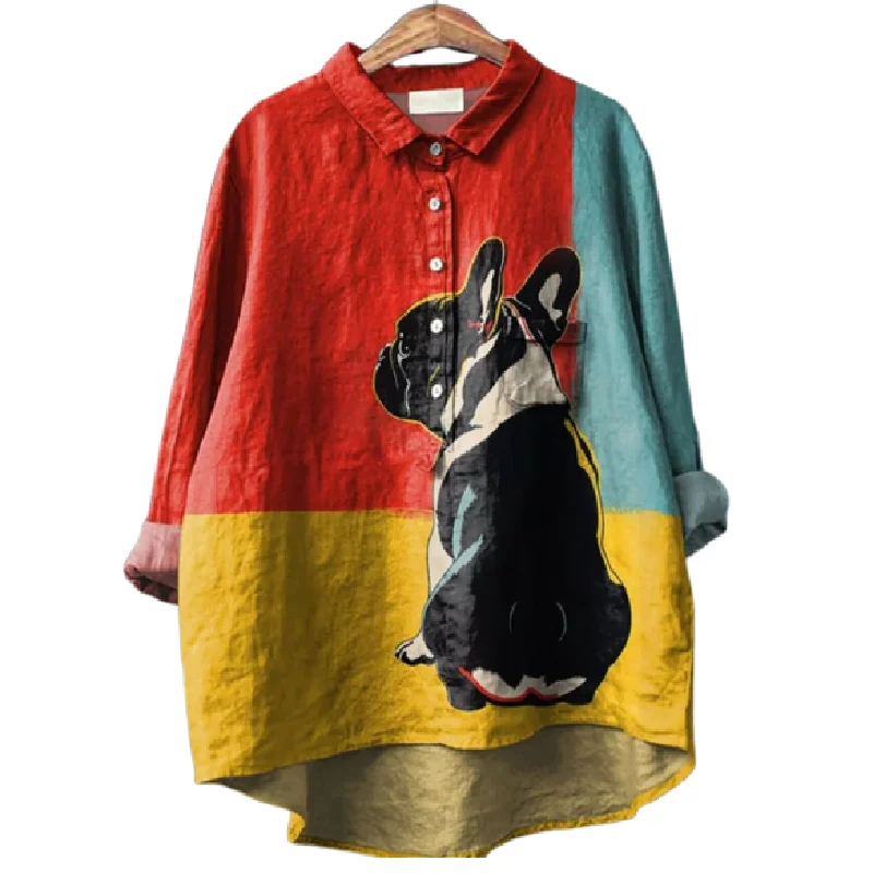

Vibrant Dog Print Blouse Playful Wild Fashion Animal Patterned Shirt Pink Dogs Print Shirt Casual Artistic Printed Blouse