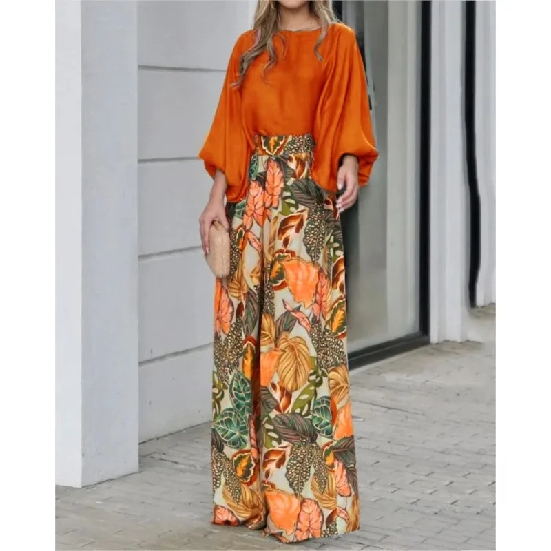 

2024 Summer New Women's Clothing Set Lantern Sleeves Loose Top Printed Wide Leg Pants Two Piece Set Casual Ladies Trouser Outfit