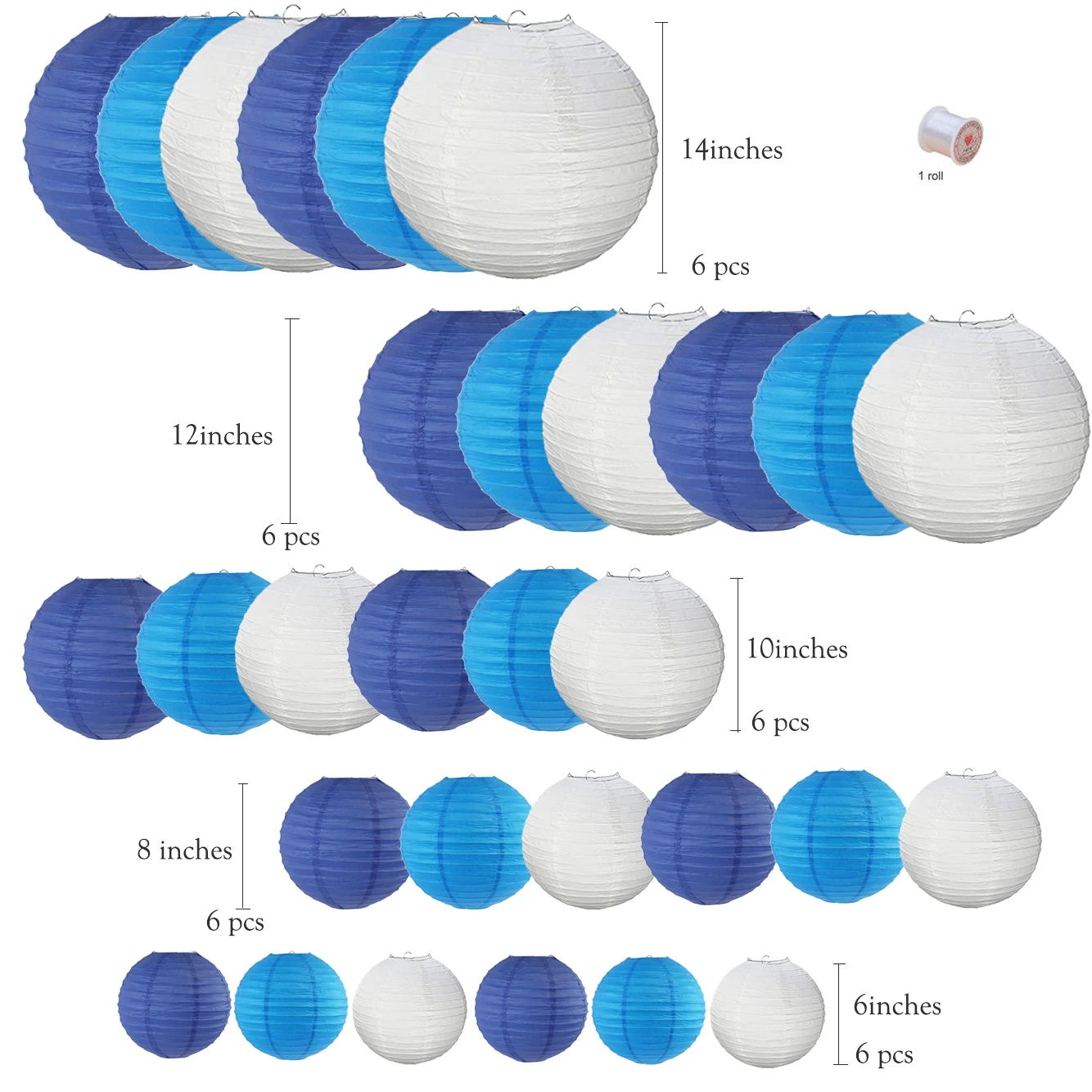 30 Pcs Round Hanging Paper Lanterns for Birthday and Wedding Assorted Size and Color Blue and White Sky Blue Hanging Paper Balls