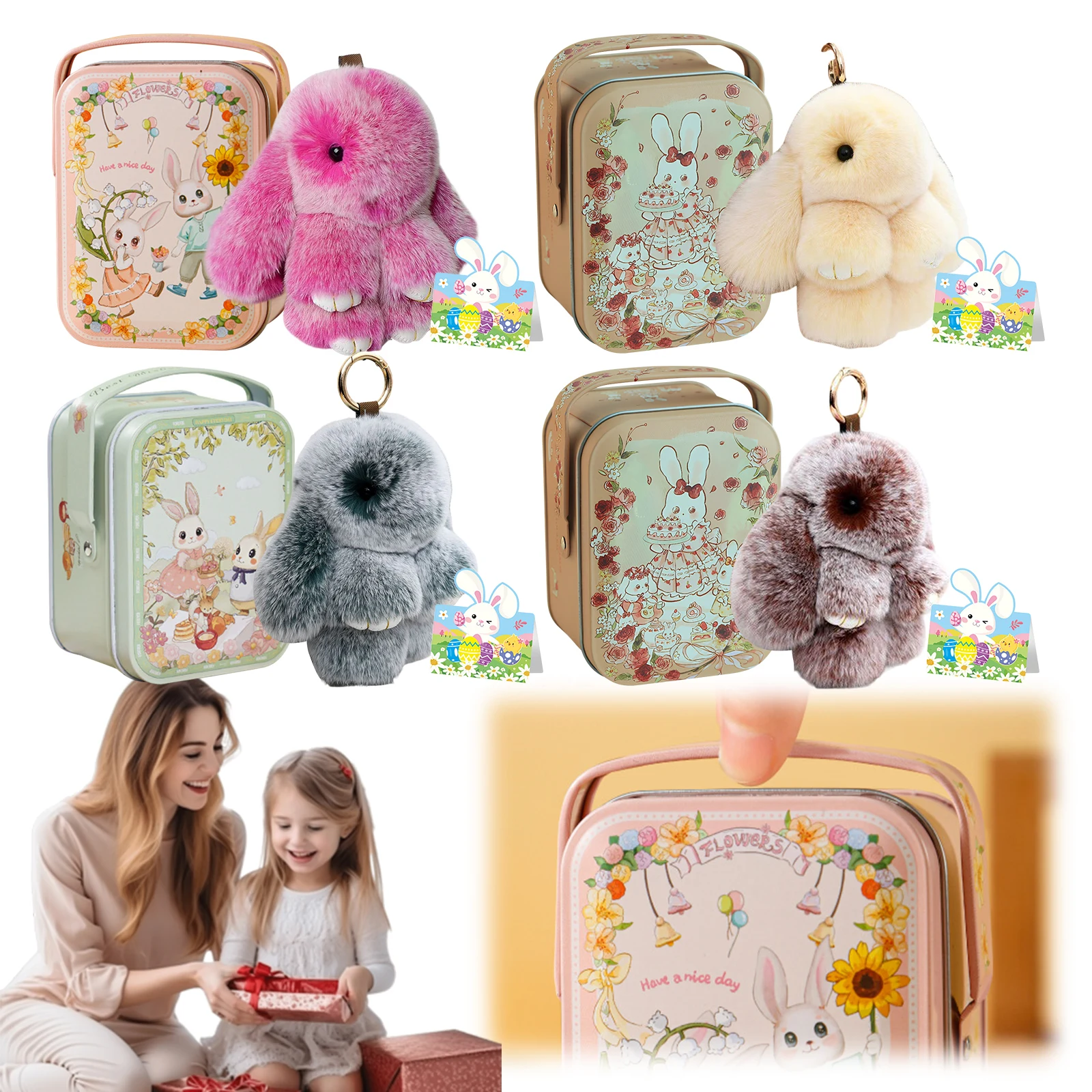 Cute Soft Fuzzy Bunny Keychain with Tin Box & Best Wishes Card Bunny Lucky Keychains Rabbit Charm Easter Gift