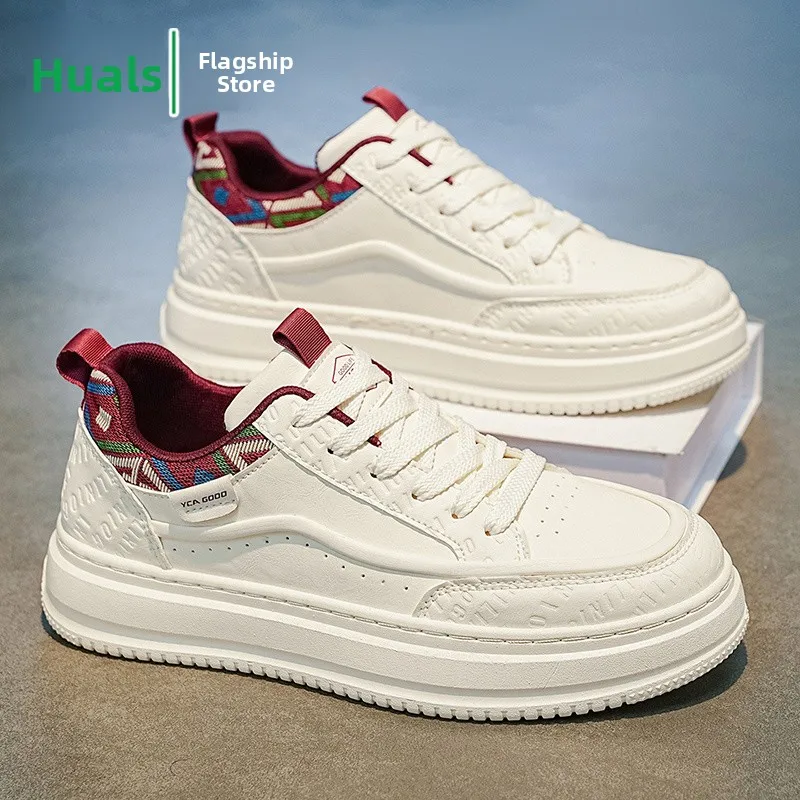 Men's Casual Leather Panel Shoes Breathable Thick Bottom Heightening Sports Sneakers Korean Style round Toe Rubber Outsole