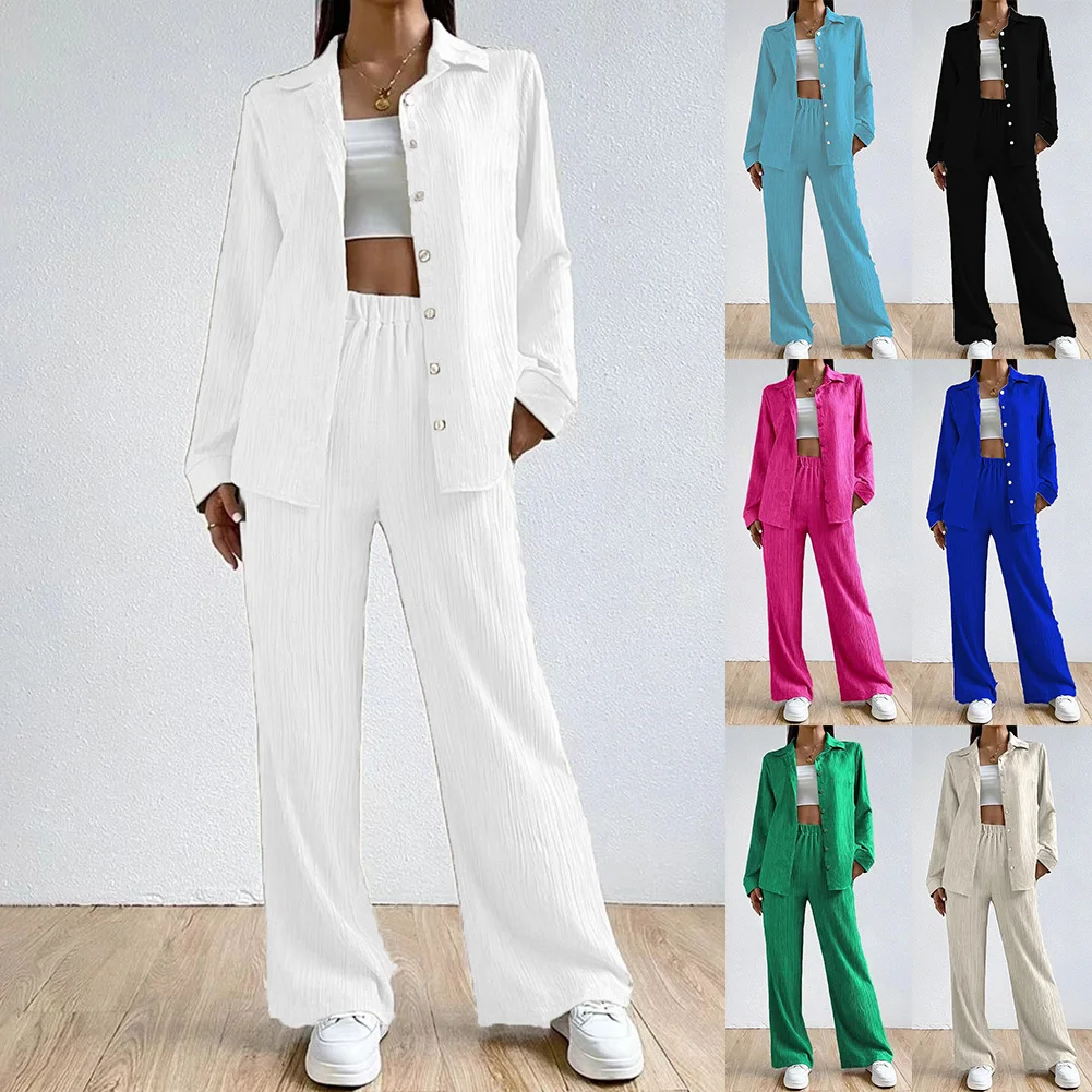 Holiday Loose Straight Leg Pants Casual Women Clothing Brand New Button-down Shirt Lapel Neckline Polyester Fabric