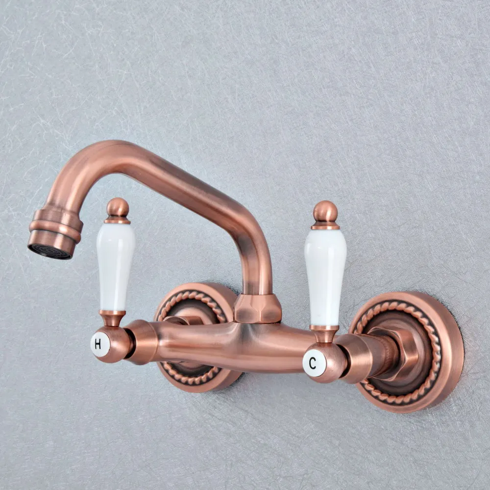 

Antique Red Copper Brass Wall Mounted Kitchen Wet Bar Bathroom Vessel Basin Sink Hot Cold Mixer Tap Swivel Spout Faucet msf881