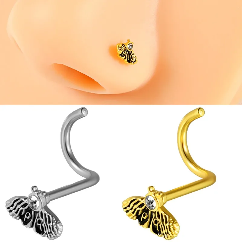 Perno de nariz de abeja de acero inoxidable, barra curva en forma de S, mariposa lubricada negra con un anillo de nariz perforado, 1 ud.