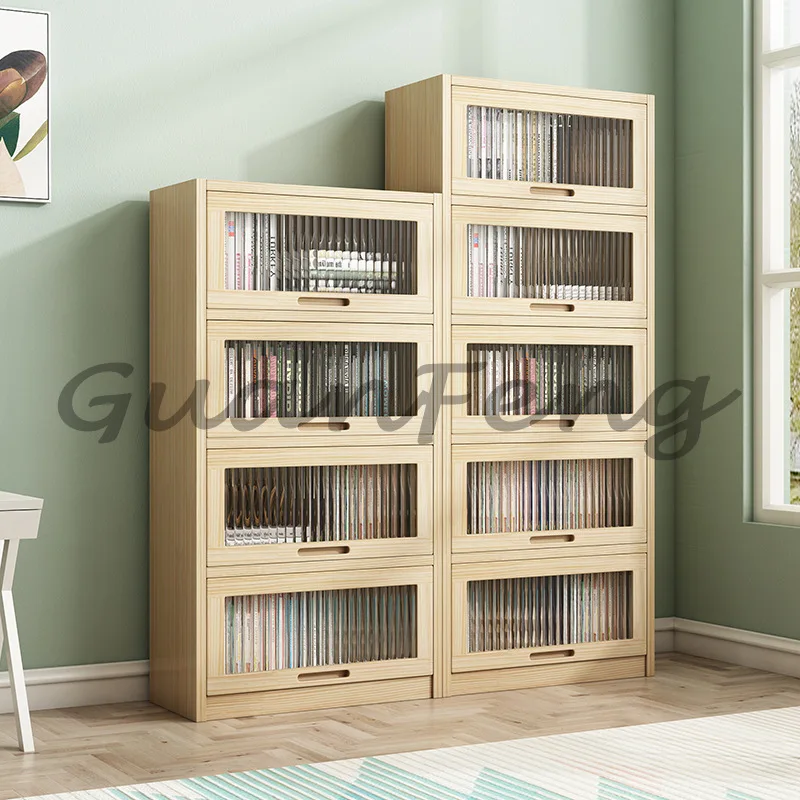 Pine bookshelf All solid wood  shelf  locker Plexiglass door Mobile free combination bookcase