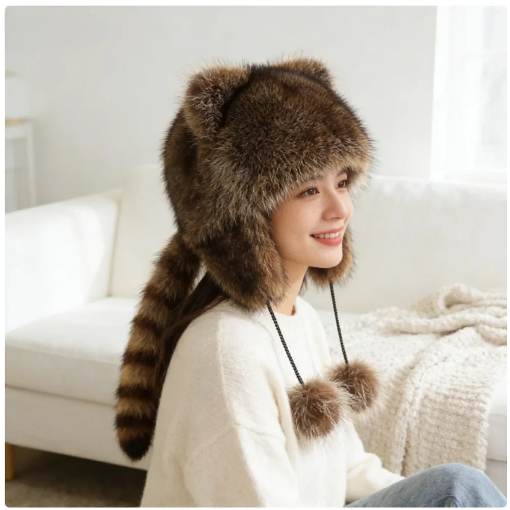 

Теплая шапка-ушанка из искусственного меха енота, зимняя шапка-лифэнг для мужчин, женщин и детей, унисекс
