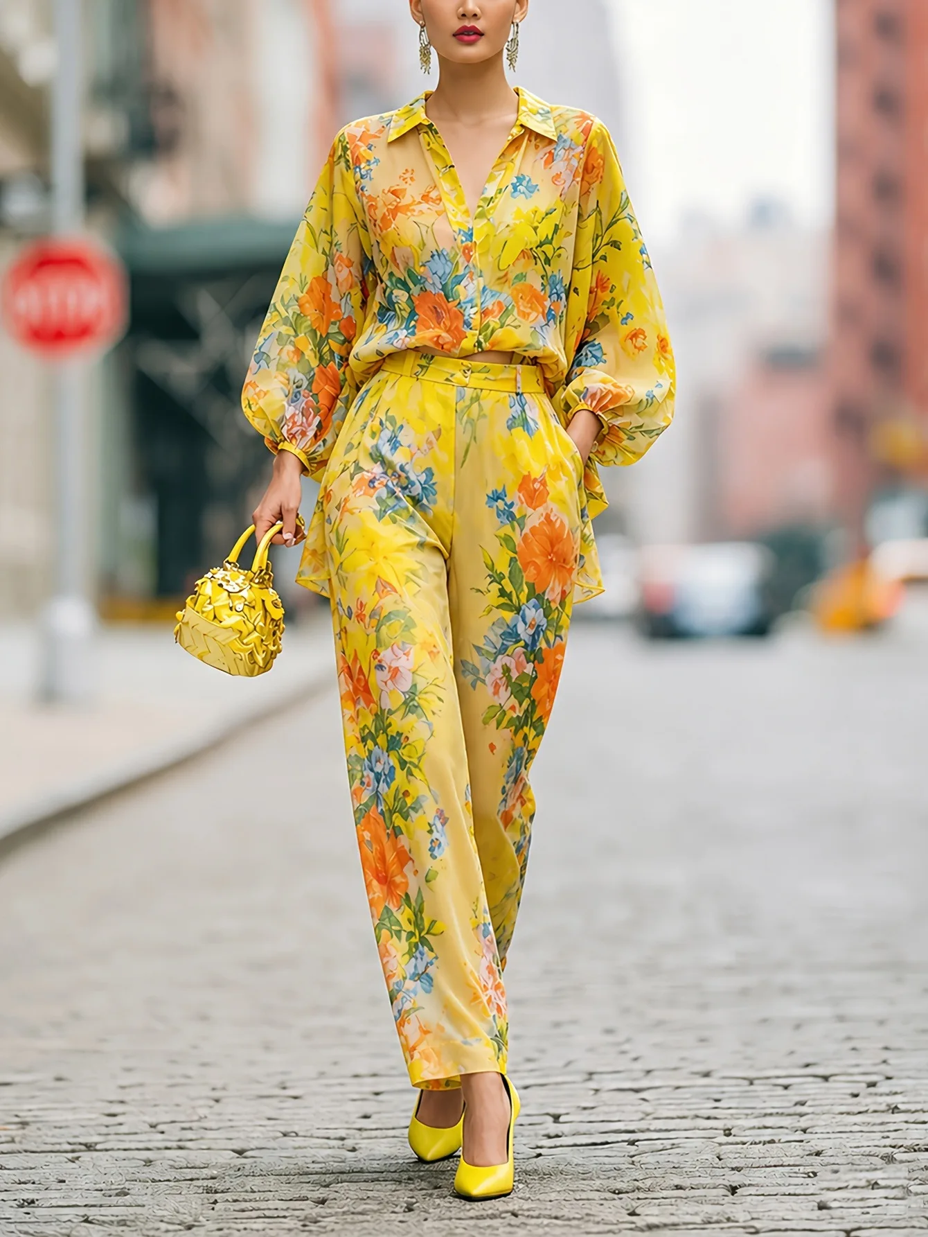 Fashion Yellow Print Women 2 Piece Outfit Set Casual Long Sleeve Turndown Collar Single-breasted Shirts Straight Trousers Sets