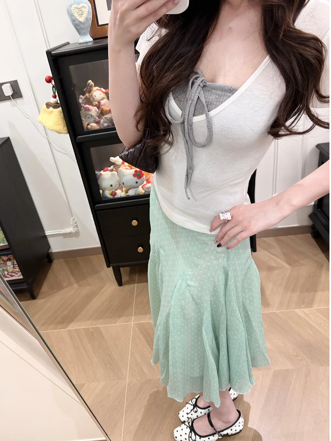 Sweet Polka Dot Fish Tail Short Skirt Women's Spring Summer A-Line Midi Skirt Drapy Fluffy High Waist Commute Style Half Body...