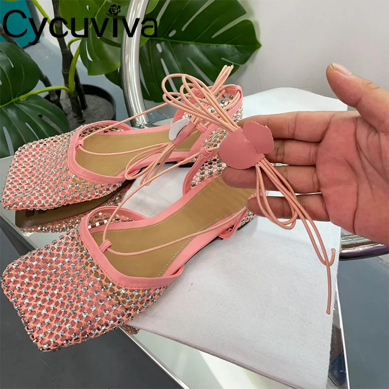 

Crystal Mesh Flat Net Sandals Women Designer Shoe Square Toe Hollow Out Mules Summer Sexy Rhinestone Party Dress Shoes For Women