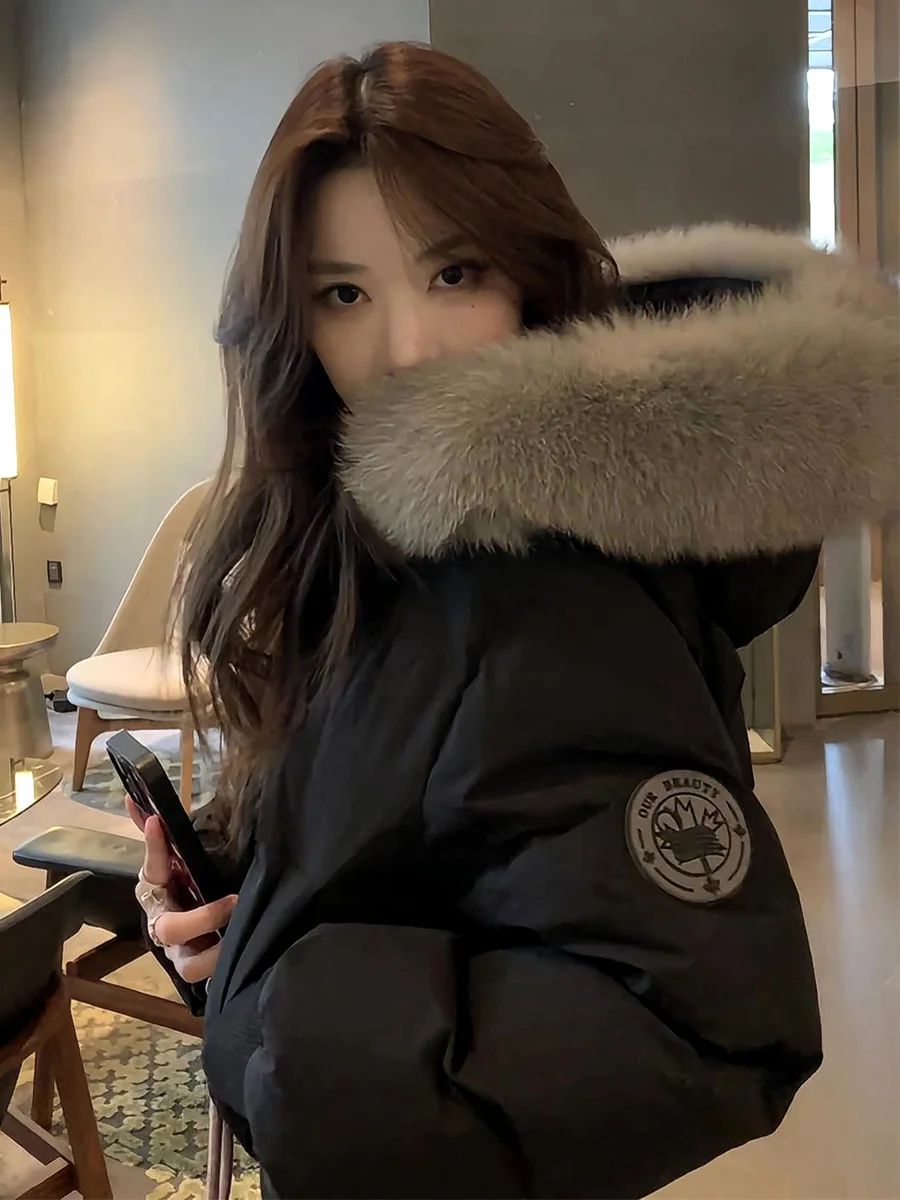 

Bla Fur Collar down Jaet Women's Winter ort 90 White Du down Hooded Slimming Warm Thi Outerwear Casual Sle