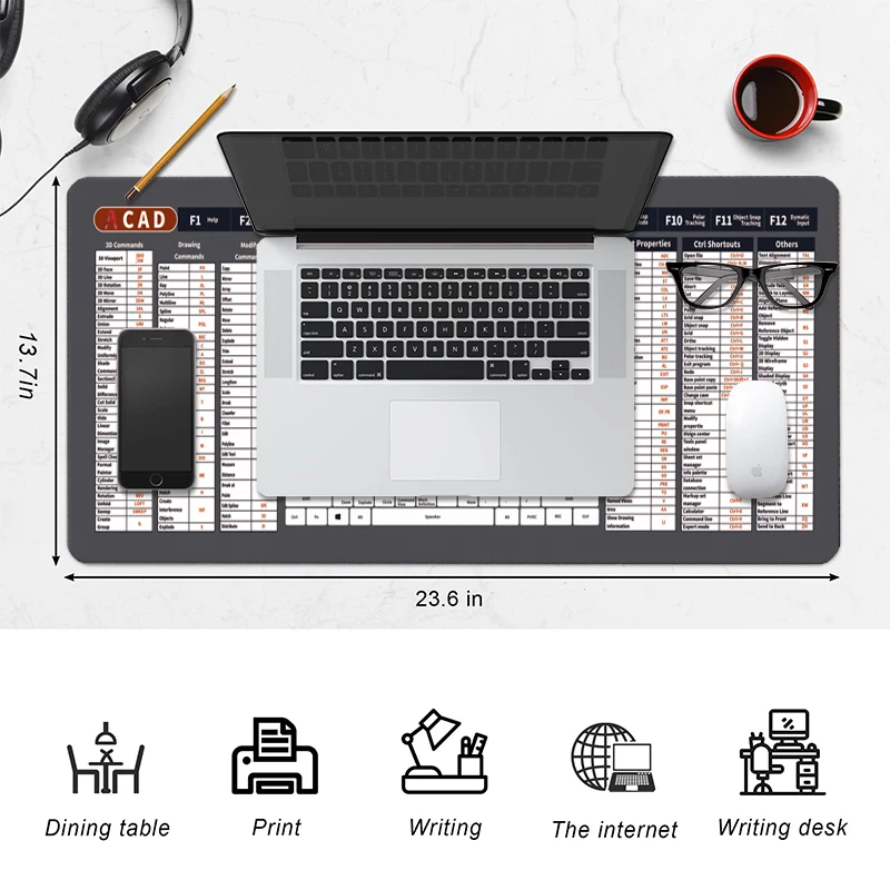 لوحة جلدية CAD Office Shortcuts لوحة ماوس كبيرة بحافة قفل ممتدة للوحة مفاتيح الكمبيوتر AutoCAD غير قابلة للانزلاق XXL Mousepad Gaming