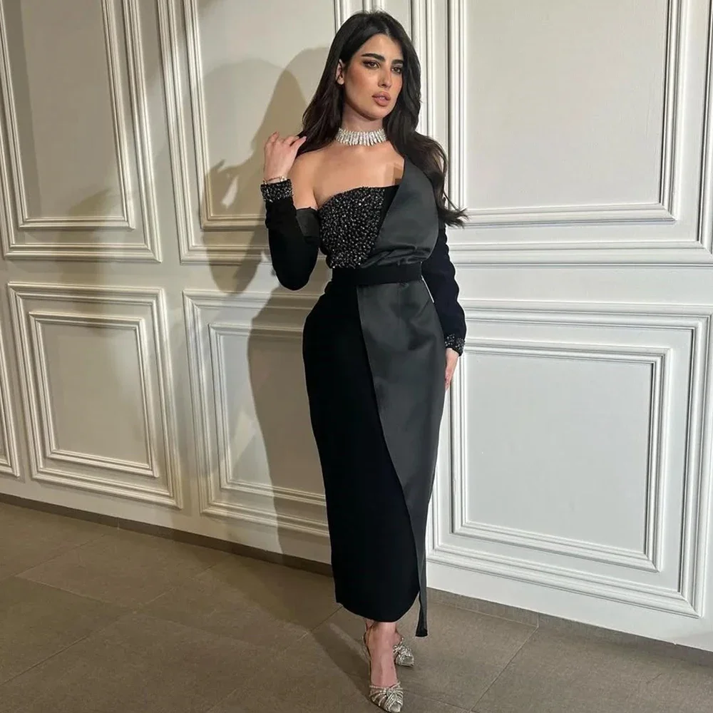 Strapless Ankle Length Evening Dress Simple Straight Back Slit Women Banquet Party Customized Gowns فساتين سهره نسائيه فخمة