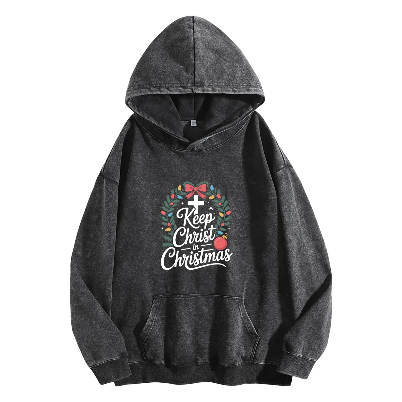 حافظ على المسيح في عيد الميلاد للرجال بغطاء للرأس برسومات كلاسيكية مغسولة وطباعة كلاسيكية، بلوفر كاجوال ملابس الشارع من القماش الناعم