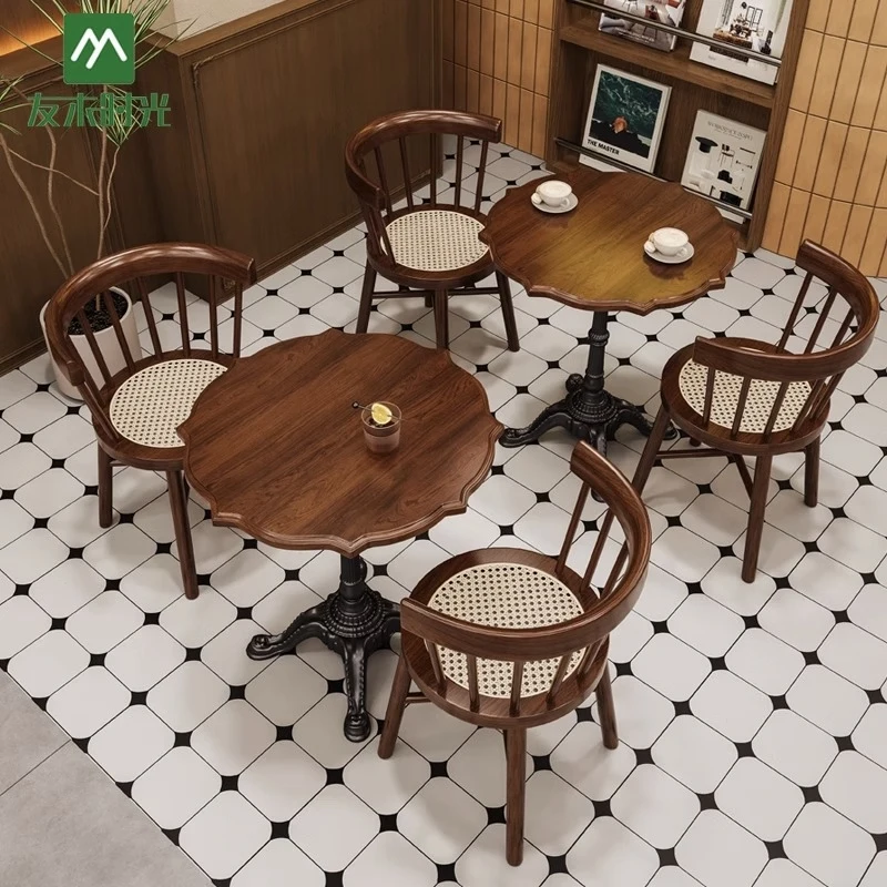 Restaurant Booth SetAmerican Retro Cafe Table Chair Set Taverns, Guesthouses, And Milk Tea Shops, Commercial Solid Wood Chairs I