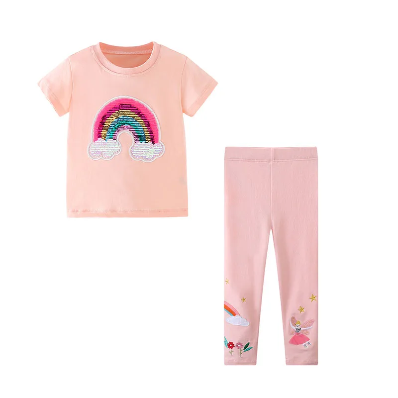 Jumping Meters Summer Cute Girls Clothing Sets Cotton Rainbow Cotton Tops + Leggings Children's Clothing Outfits Kids Suits