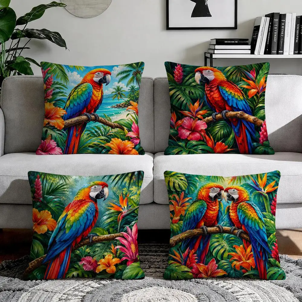 Tropical Parrot Colorful Jungle Floral Cushion Cover Natural Breathable Durable Linen Printed Decor Pillow Case Sofa Bedroom